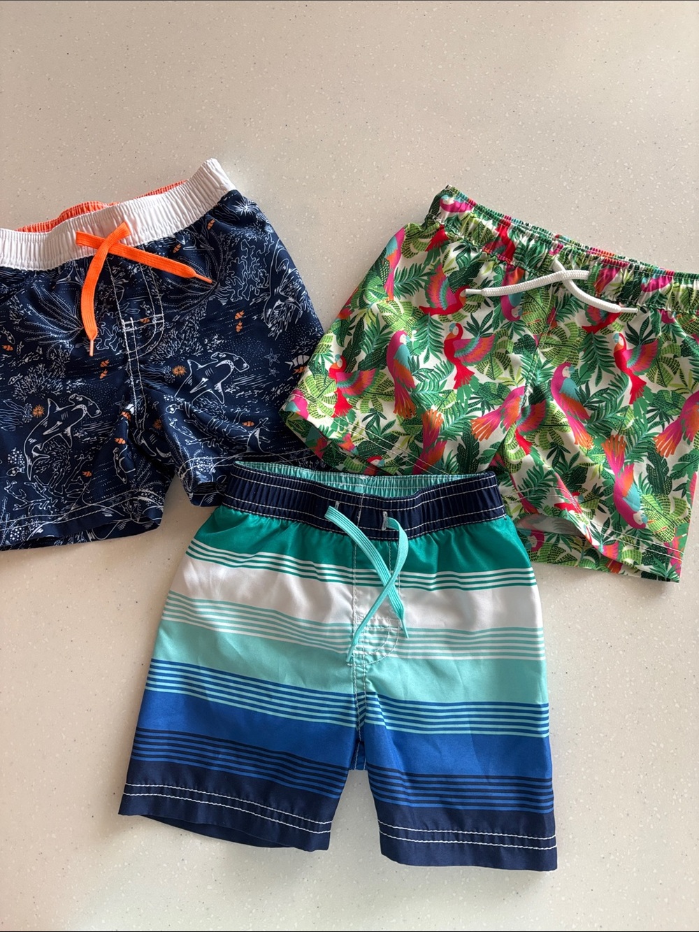 3 Old Navy Boys Swim Shorts Set - Tropical Parrot, Nautical Shark & Blue Stripe